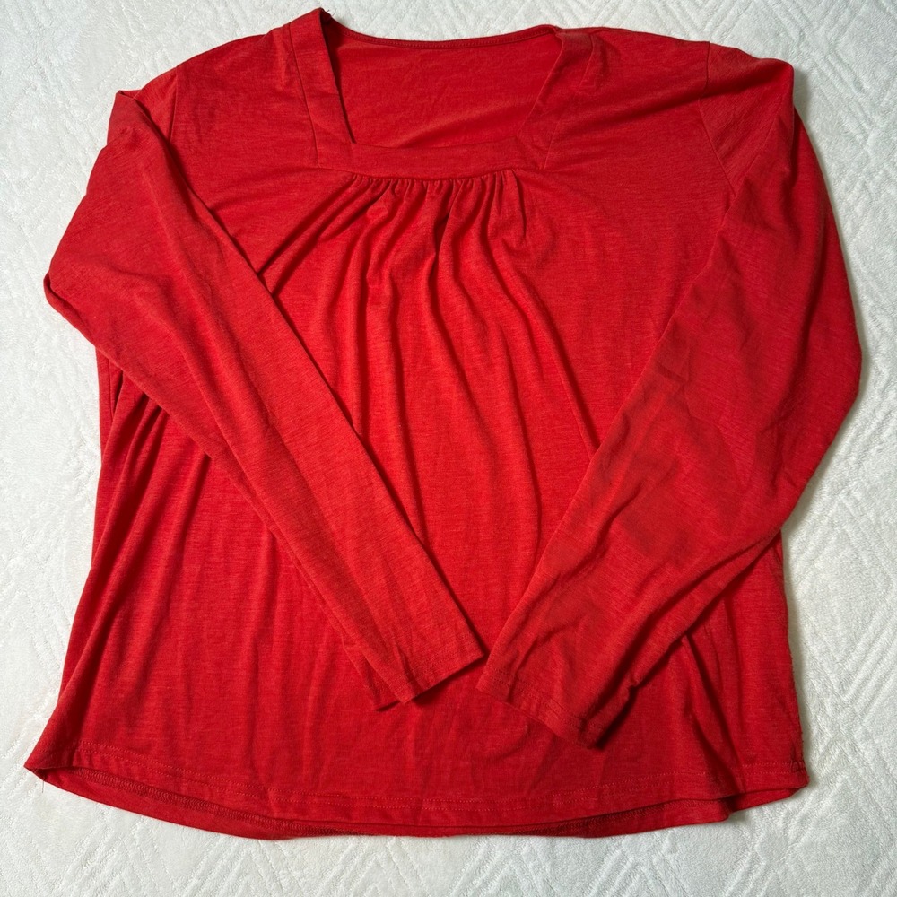 Classic Casual Red Long Sleeve Square Neck Blouse Women's 1XL Lightweight - Picture 6 of 7